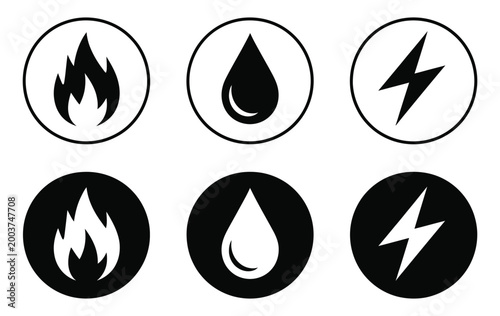 Public utility icons, electricity water and gas vector set with thunderbolt, droplet and fire symbols, minimal line and solid styles