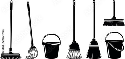 Cleaning Equipment Silhouette Vector Set with Broom, Mop, Bucket, Push Broom and Janitorial Tools for Housekeeping and Sanitation Designs