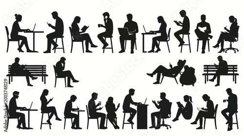 Silhouettes of people sitting and using laptops and phones