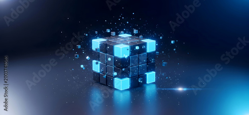 Floating 3D blue cube composed of smaller glowing blocks in dark cyberspace illustrating digital transformation