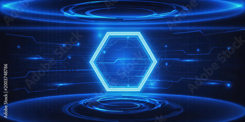 This is a futuristic tech background featuring a glowing neon hexagon with circuit patterns, surrounded by circular light effects and cyber lines on a dark blue backdrop.