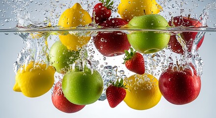 Fresh fruits underwater splash shot.