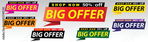 Shop now big offer labels set, 20, 25, 30, 35, 40, 45, 50, percent off price tags, colorful sale banners, promotion element, speech bubble style stickers, vector badges