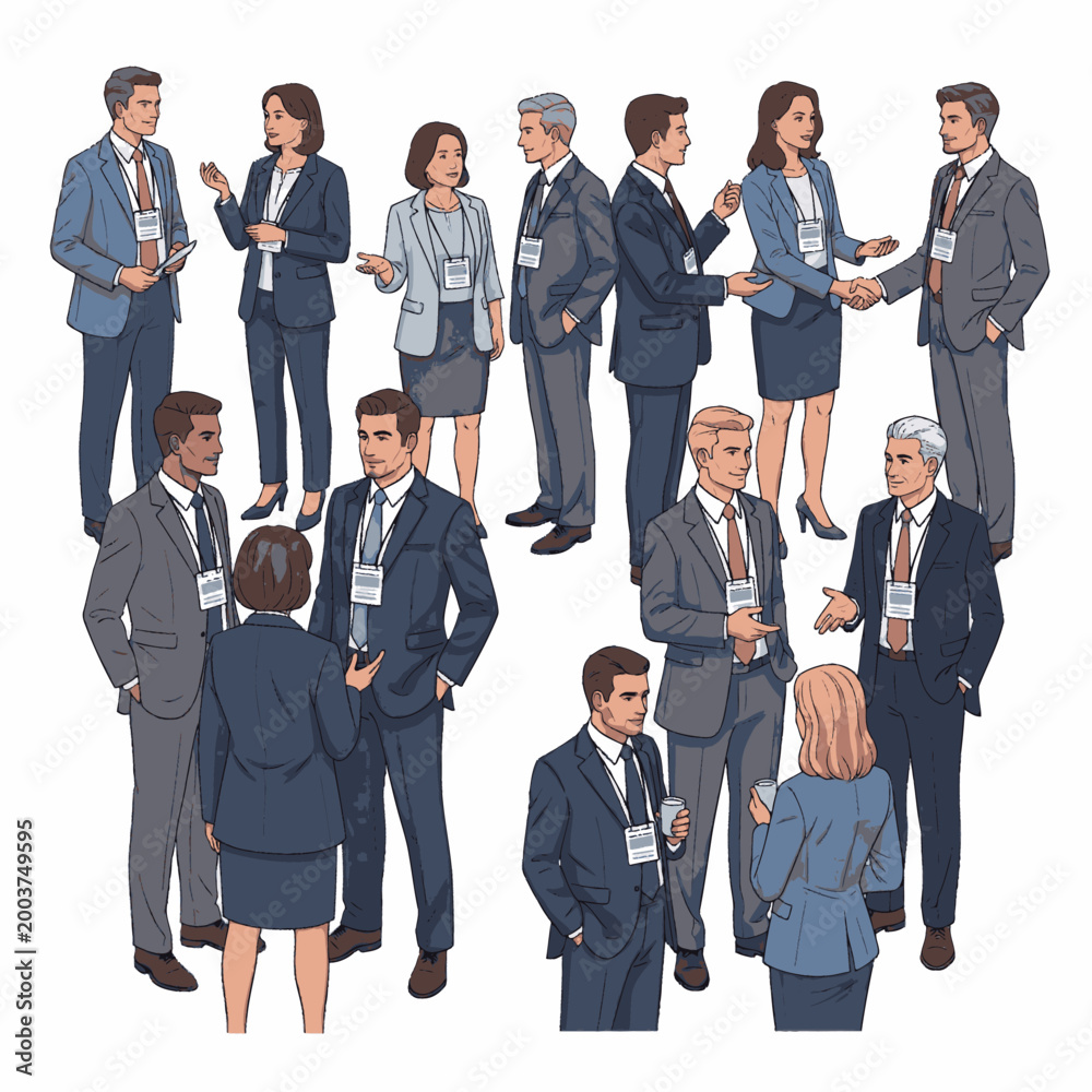 Obraz premium Cartoon Business People Networking Collaboration Teamwork Corporate Life Meetings Illustration Set for Professional Use