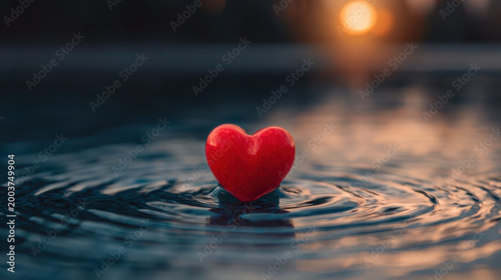 Fototapeta premium Heartbreak and emotional turmoil red heart sinking in water with ripples at sunset symbolizing loss grief. High quality photo