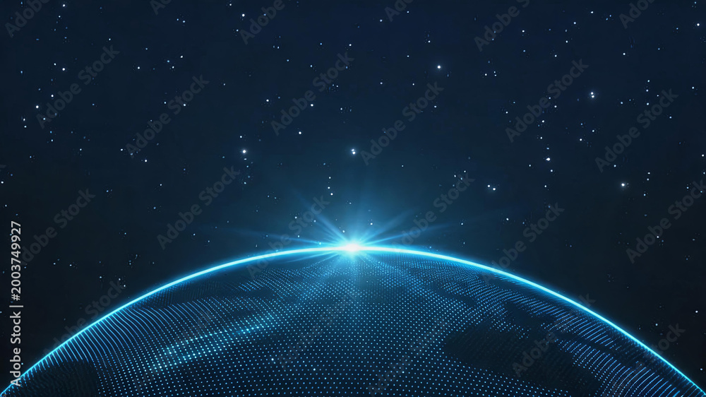 Obraz premium A futuristic digital earth with glowing particle grid rises against a starry deep space backdrop, with a bright lens flare at the horizon line.