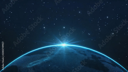 A futuristic digital earth with glowing particle grid rises against a starry deep space backdrop, with a bright lens flare at the horizon line.