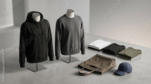Half body mannequins with hoodies and folded shirt mockup collection