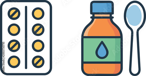 Canvas-taulu Blister pack with pills, medicine bottle and spoon healthcare dosage illustratio