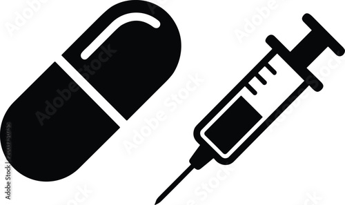 Capsule pill icon and syringe illustration representing oral and injectable medicine, pharmaceutical treatment, healthcare supplies, and medical care