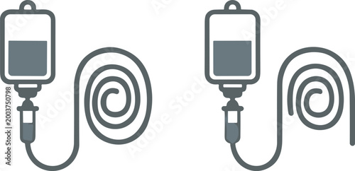 Intravenous IV fluid bags with coiled tubing icons representing medical treatment, hydration therapy, hospital equipment, healthcare supplies, and patient care