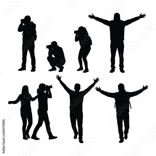 Group of people silhouettes showing various poses with cameras and open arms isolated on transparent background