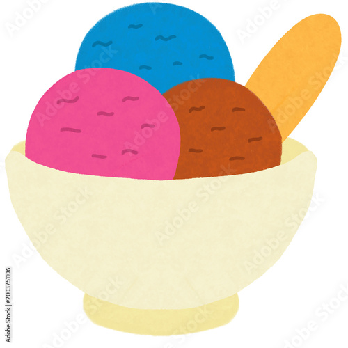 Three Scoops of Colorful Gelato Ice Cream in a White Bowl with Wafer Biscuit Illustration