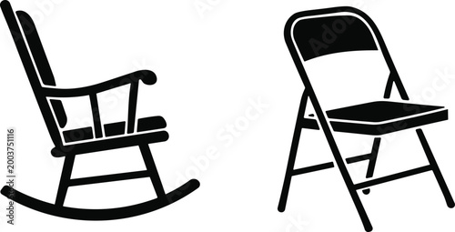 Rocking chair with curved rockers beside folding chair with straight legs, furniture comparison illustration, design contrast concept