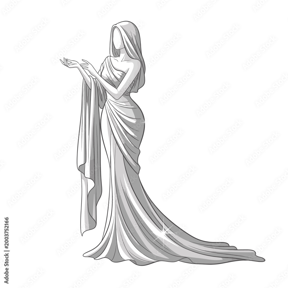 Naklejka premium Elegant Veiled Female Figure in Flowing Robes with Open Hands, Classical Illustration
