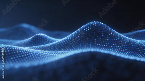 This is a dark blue digital background featuring a wavy surface made of glowing particles and grid lines, creating a futuristic tech visual.