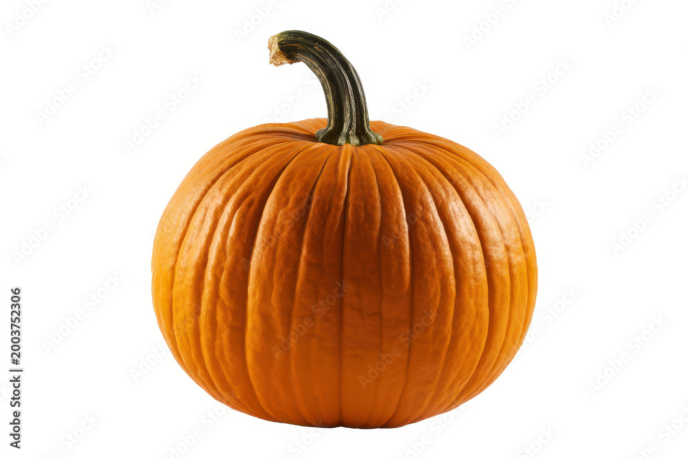 Obraz premium A single round orange pumpkin with a green stem isolated on a plain white background