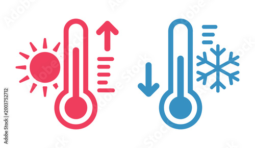 Hot and cold temperature illustration, thermometers showing high and low levels, heat and cold contrast concept, weather and climate symbols