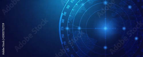 This is a futuristic digital radar interface background, featuring glowing blue circular scanning grids, target markers and azimuth scales for technological detection and monitoring scenarios.