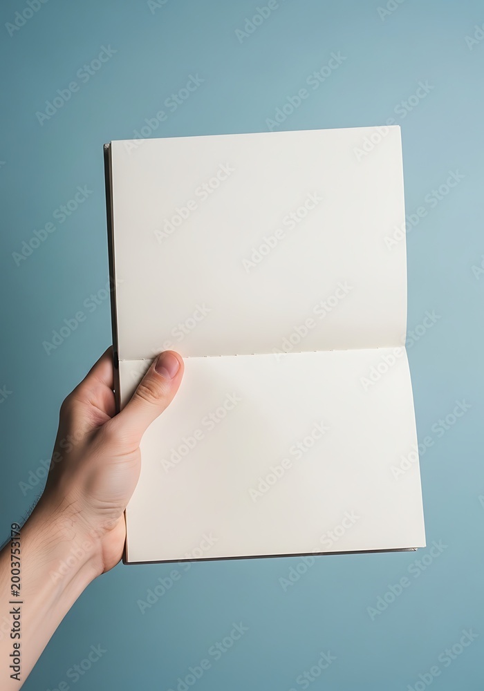 Fototapeta premium Hand Holding an Open Blank Notebook with Empty Pages on Blue Background