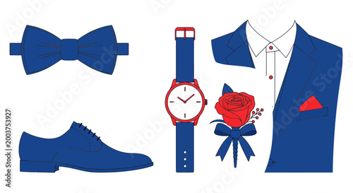 Groom's Attire Flat Lay: Suit, Bow Tie, Shoes, Watch, Boutonniere