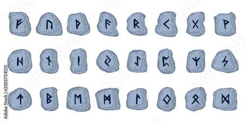 Set of hand drawn viking runes Rune stones with ancient norse alphabet characters engraved on them Scandinavian futhark germanic celtic Single element for design, print, web, decor