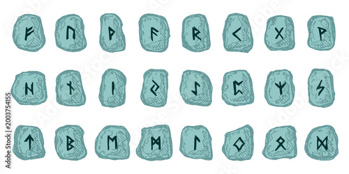 Set of hand drawn viking runes Rune stones with ancient norse alphabet characters engraved on them Scandinavian futhark germanic celtic Single element for design, print, web, decor