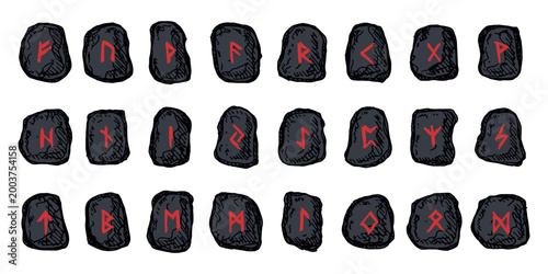 Set of hand drawn viking runes Rune stones with ancient norse alphabet characters engraved on them Scandinavian futhark germanic celtic Single element for design, print, web, decor