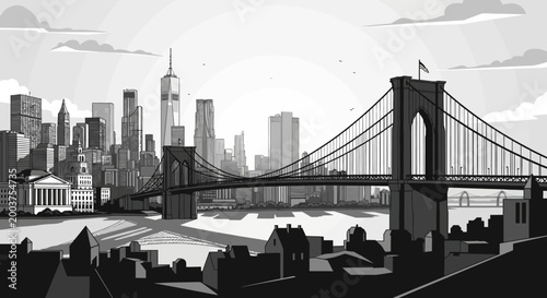 Brooklyn Bridge: A monochromatic urban panorama featuring the iconic Brooklyn Bridge, stretching elegantly across the scene, with the majestic city skyline serving as a stunning backdrop.