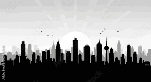City skyline silhouette at sunrise or sunset.