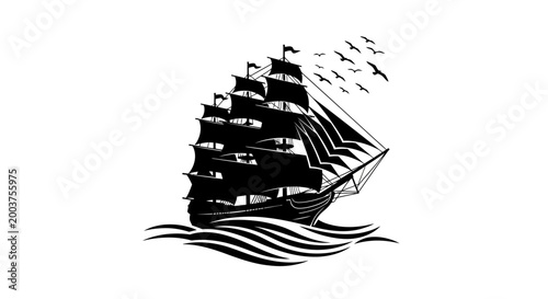 Black silhouette of a sailing ship.