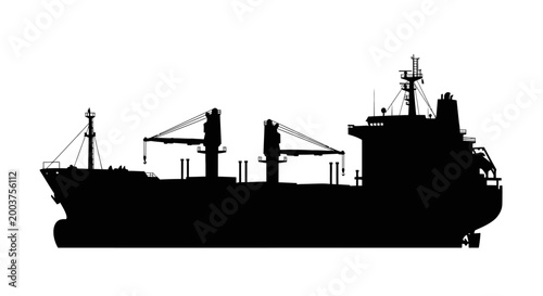 Silhouette of a large cargo ship.