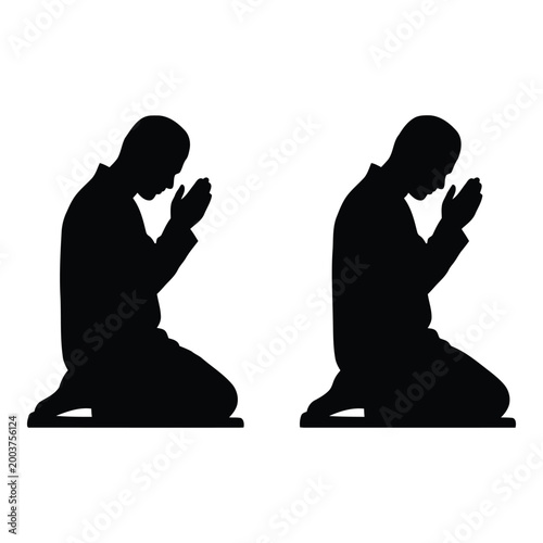 Silhouette of two men kneeling and praying in unison symbolizing devotion and communal worship in a peaceful spiritual moment