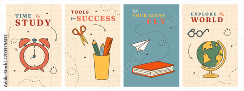 A set of educational posters with school supplies and motivational quotes. An alarm clock and stationery set featuring illustrations of a globe and book to decorate the classroom and inspire students.