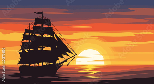 Silhouette of a sailing ship at sunset.