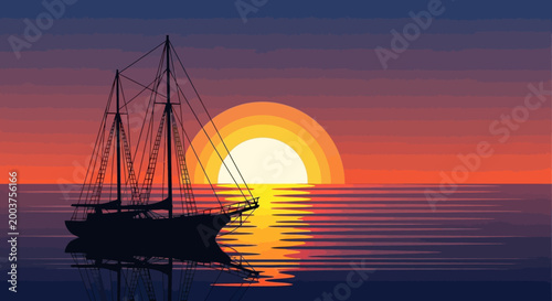 Serene seascape with sailboat at sunset.