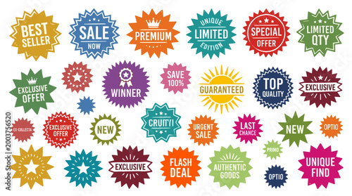 Collection of colorful starburst sale and discount badges stickers and labels for marketing and advertising promotions
