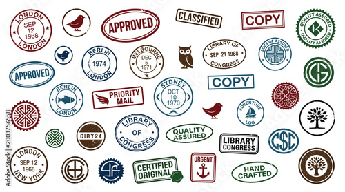 Collection of Vintage and Modern Rubber Stamps and Seals Featuring Approved, Certified, and Classified Markings for Business and Official Use