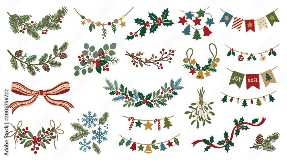 Fototapeta premium Collection of festive Christmas garlands and decorations featuring pine branches holly berries pinecones and festive banners for holiday celebrations
