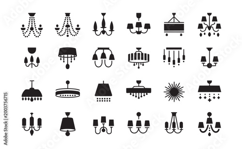 A comprehensive collection of solid black icons representing various elegant chandeliers and ceiling lighting fixtures