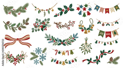 Collection of festive Christmas garlands and decorations featuring pine branches holly berries pinecones and festive banners for holiday celebrations