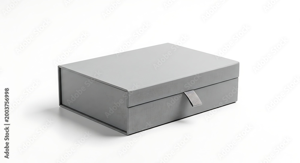 Naklejka premium Elegant Gray Gift Box with Ribbon Tab on White Background.