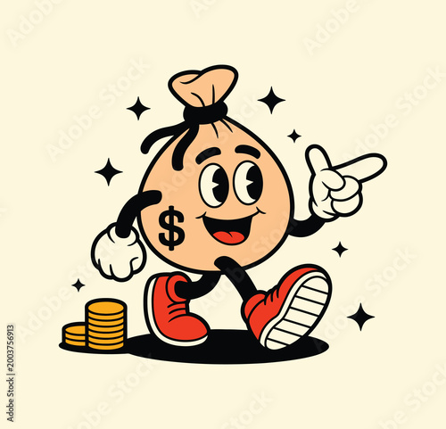 Fotografija Cartoon money bag character illustration, retro style vector of funny cash sack