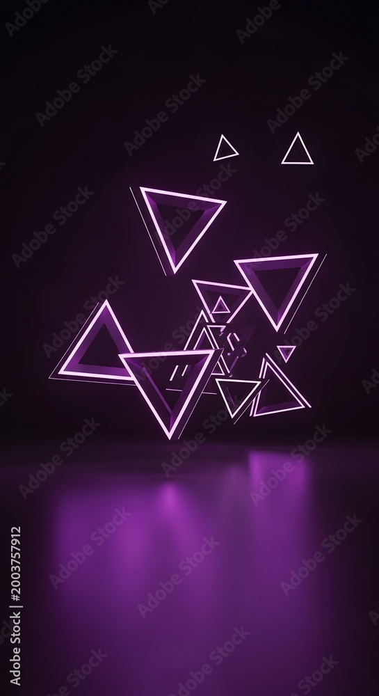 Fototapeta premium Numerous glowing purple triangles floating and reflecting on a dark surface.