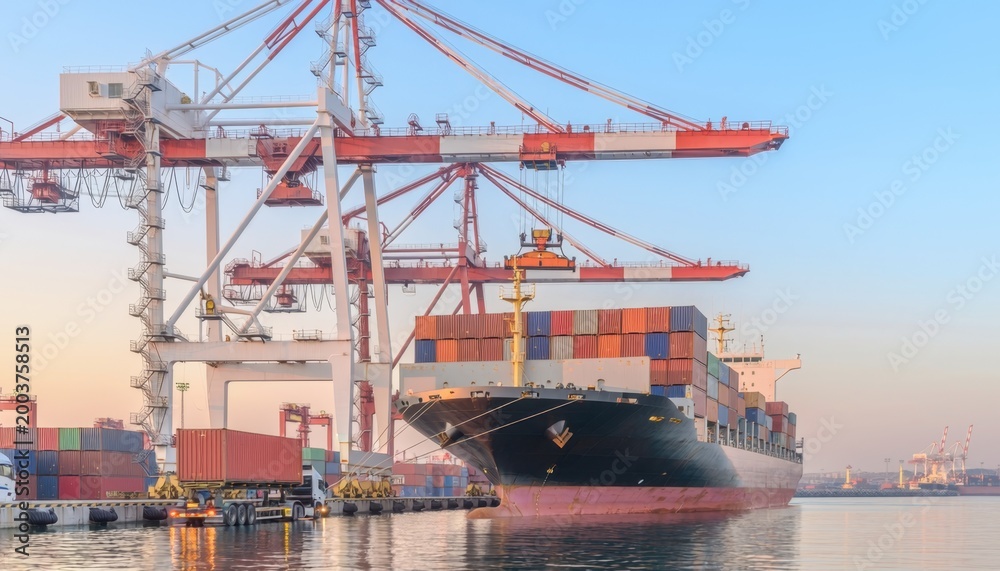 Fototapeta premium Shipping port : A massive cargo ship docked at a bustling shipping port, with towering cranes and vibrant containers, symbolizing global trade and industry.