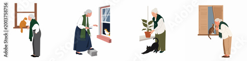Flat vector illustrations of a senior woman caring for cats and plants at home, depicting a peaceful retirement lifestyle and animal companionship.