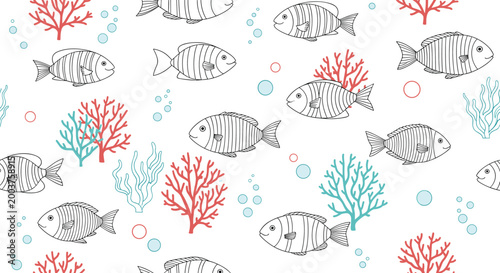 Underwater scene pattern with striped fish, colorful coral reefs, and bubbles on a white background for aquatic themes.