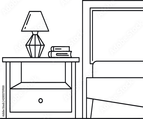 Black and white line of a bedside table with a lamp and books next to a bed line black and white