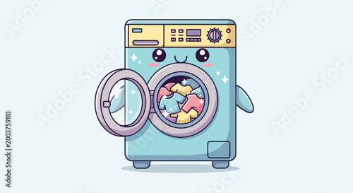 Cute Washing Machine Character with Open Door Full of Clothes, Kawaii Style
