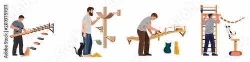 Men building DIY wooden furniture and wall-mounted climbing structures for cats, including bridges, ramps, and trees.